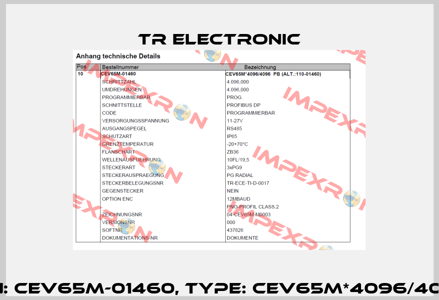 P/N: CEV65M-01460, Type: CEV65M*4096/4096 TR Electronic